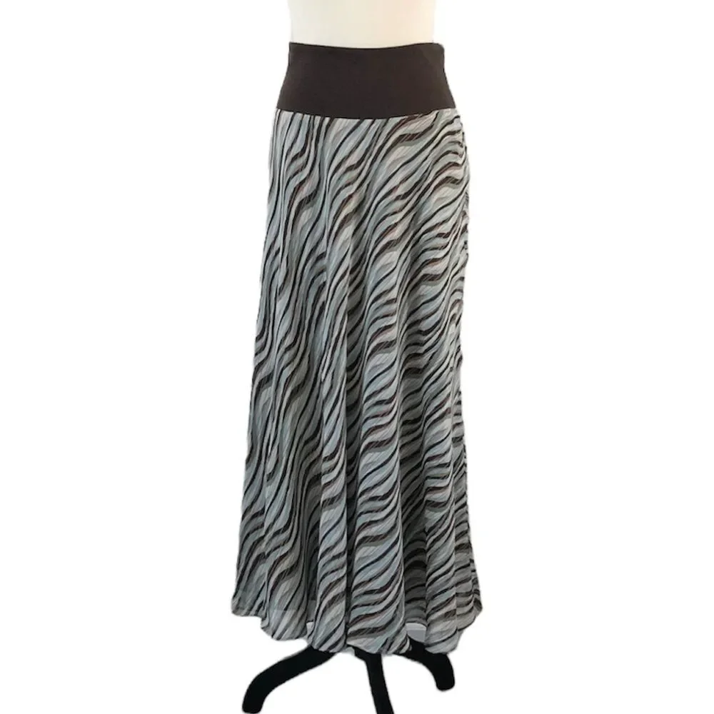Jones New York Women’s Drop Waist Aqua Brown White & Gold Silk Maxi Skirt Size L